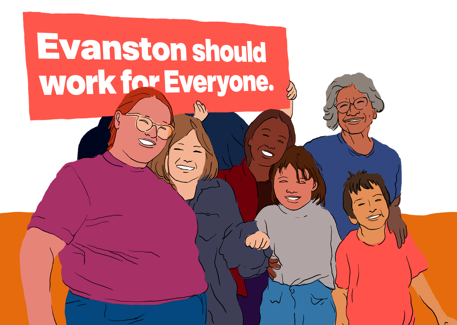 A smiling multigenerational group holding a sign reading Evanston should work for Everyone